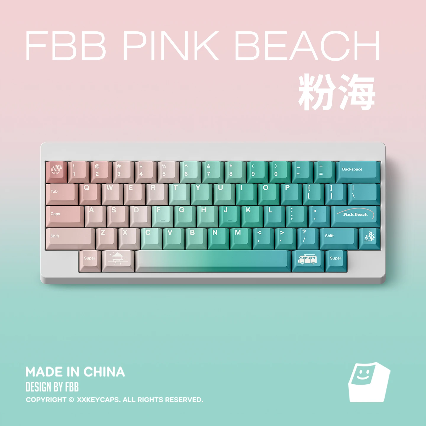 FBB 키캡 핑크 비치 테마 그라데이션 컬러 PBT 키캡 60%, 75%, 80%, 96%, 100% 기계식 키보드용 키캡 DIY 선물 소녀용