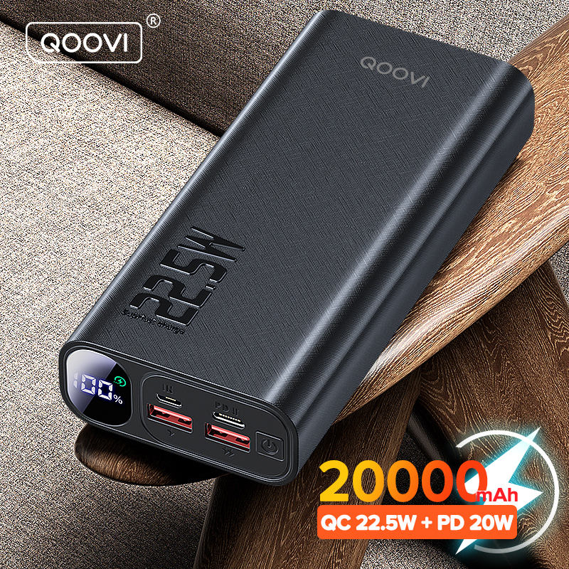 QOOVI 20000mAh 22.5W Power Bank Portable PD 20W Fast Charging Powerbank Phone External Battery For iPhone 16 15 X Xiaomi Samsung
