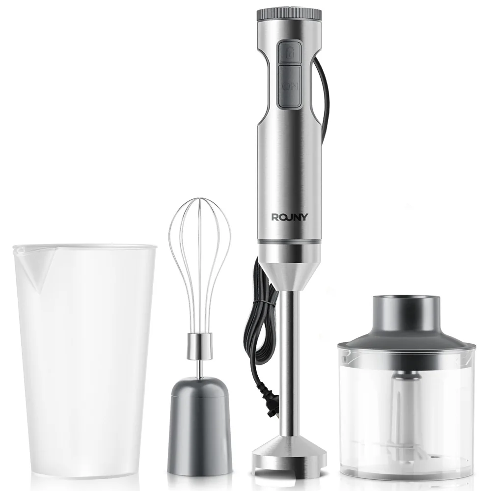 Frullatore ad immersione manuale 1000 W Potente 4 in 1, robot da cucina con bastoncino in acciaio inossidabile, vaso di miscelazione da 700 ml, processore da 500 ml, frusta
