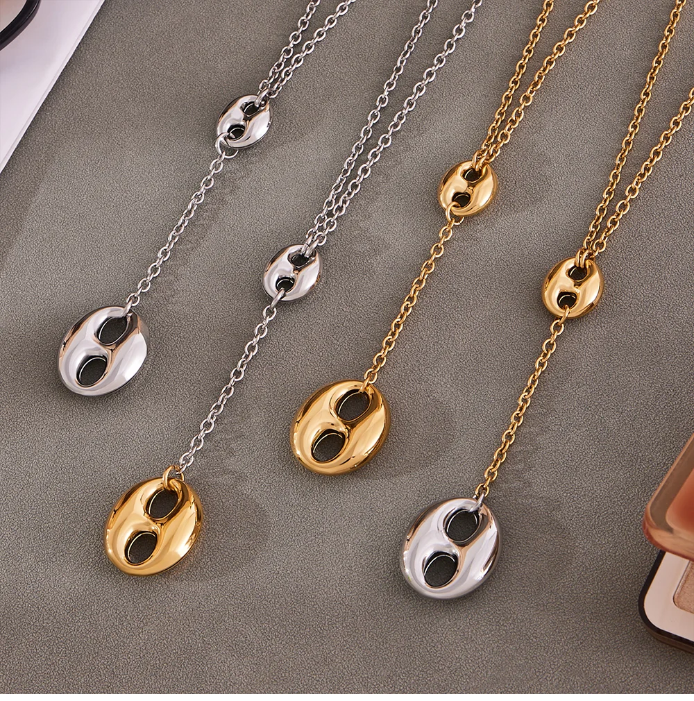Goldfarbene Silber-Halskette mit ovalem Anhänger für Damen, Edelstahl 316, vergoldete Tropfenohrringe, Luxus-Schmuckset für Damen – Detail 14