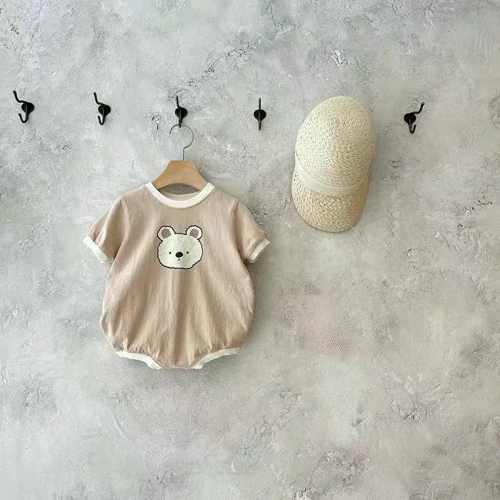 Summer Baby Girl Cute Bear Casual Short-sleeved Jumpsuit Toddler Boy Cotton Cartoon Romper Infant Unisex Breathable One-pieces Newborn Knitting Romper Hooded 