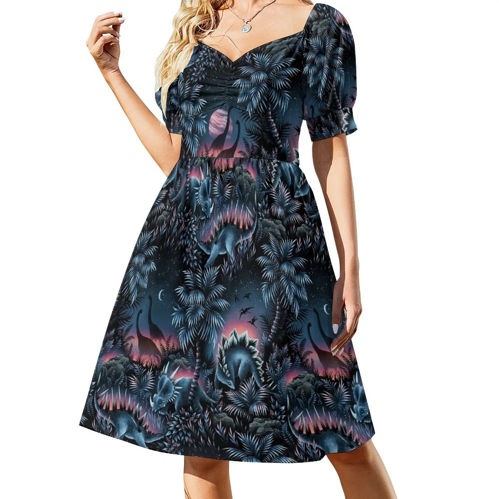 thumbnail image 1 of Vestido de manga corta azul/rosa Dinosaur Lagoon, vestido de fiesta, vestido de graduación , falda de verano para mujer, ropa femenina, vestido, 1 of 7