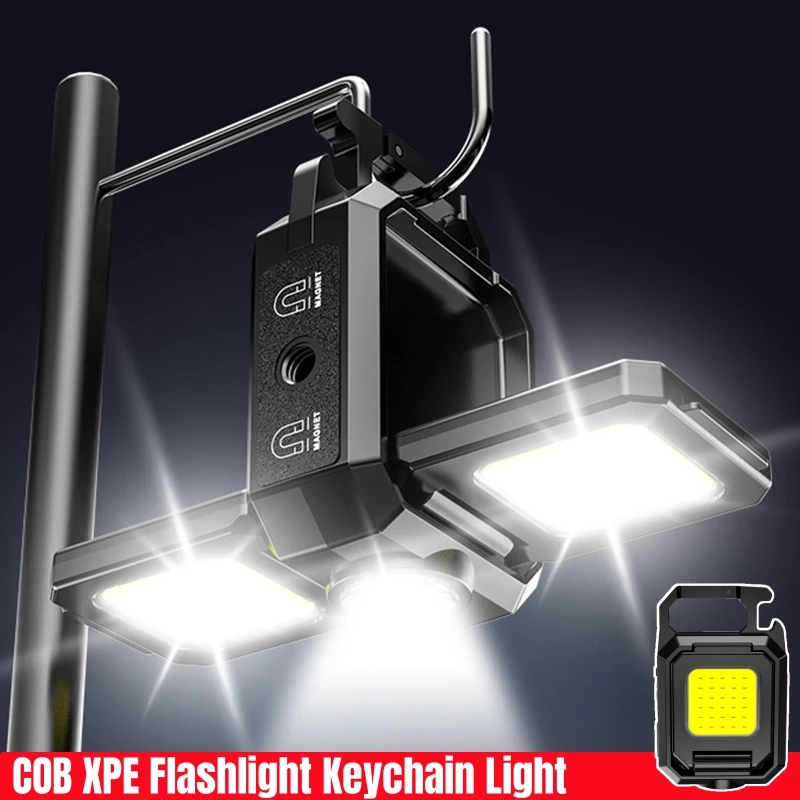 Mini LED Flashlight Keychain Light Double COB Lights USB Rechargeable Work Lights Fishing Lantern with Magnet Built-in Battery