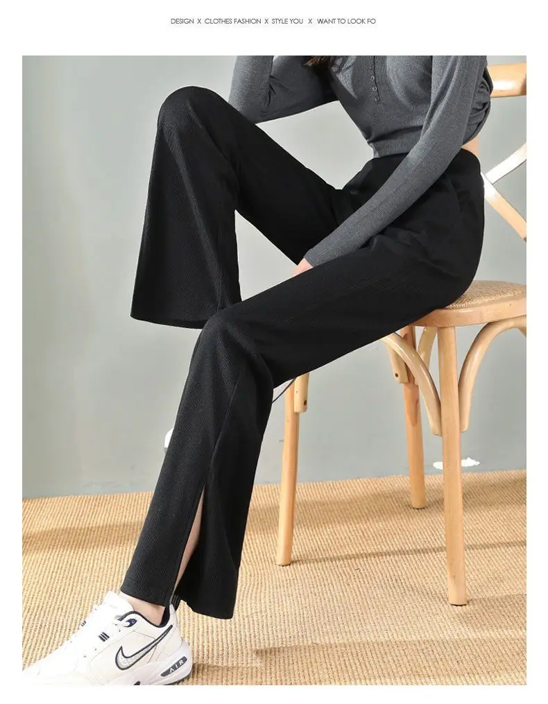 For Women with High Waist and Slim Appearance Slightly Flared Pants with Slits and Wide Legs for Floor Dragging Women's Pants 3