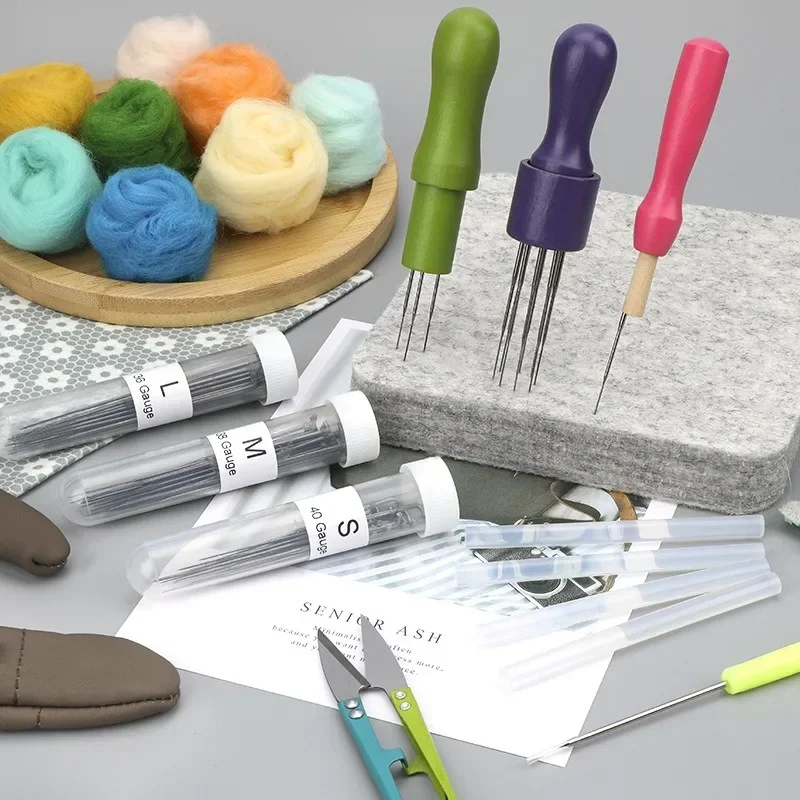 6 Styles Needle Felting Kit With Wood Handle Felting Needles Wool Felt Tool Finger Protector For DIY Sewing Supplies