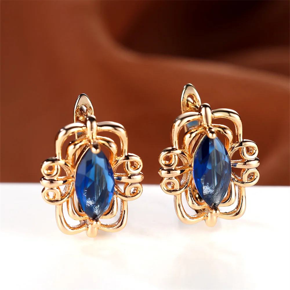 Trendy Blue Crystal Zircon Marquise Stone Hoop Earrings For Women Vintage Gold Color Ear Buckle Wedding Jewelry Engagement Gifts