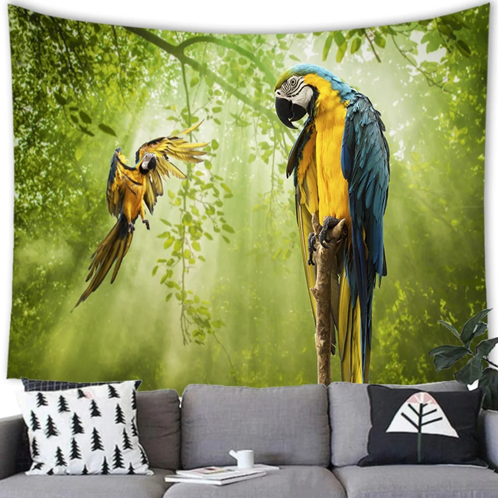 

Tropical Jungle Parrot Tapestry Palm Leaf Leaves Wildlife Birds Green Plants Tapestries Bedroom Living Room Wall Hanging Decor