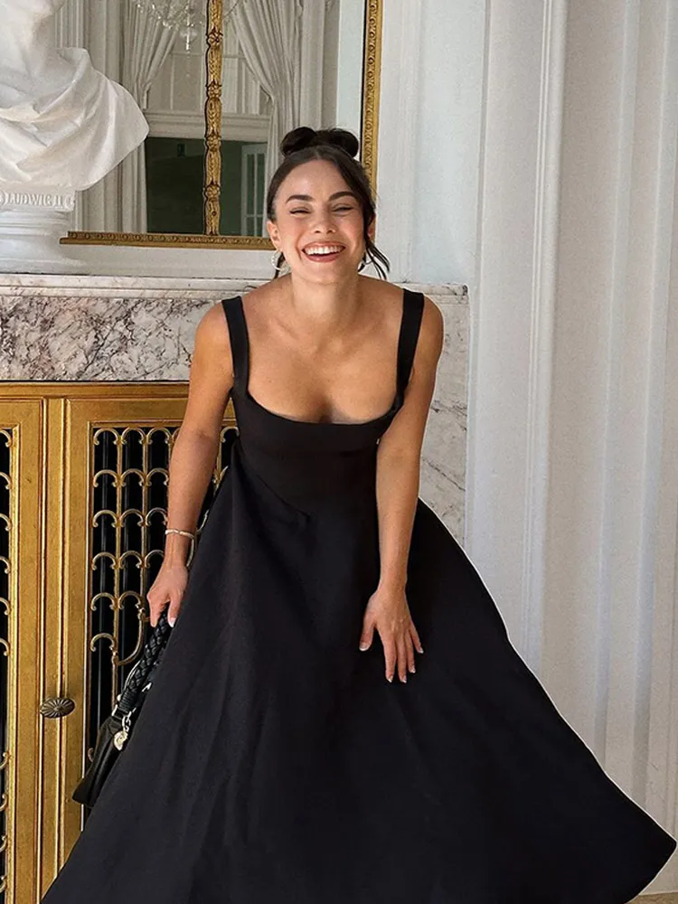 Solid Backless Spaghetti Strap Dress Women's Fashion Loose High