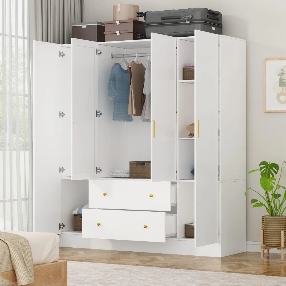 Wooden wardrobe armoire with mirror, 5-tier shelves, 2 drawers, 2 hanging rods, 4 doors.  63"W x 19.7"D x 70.9"H. 3
