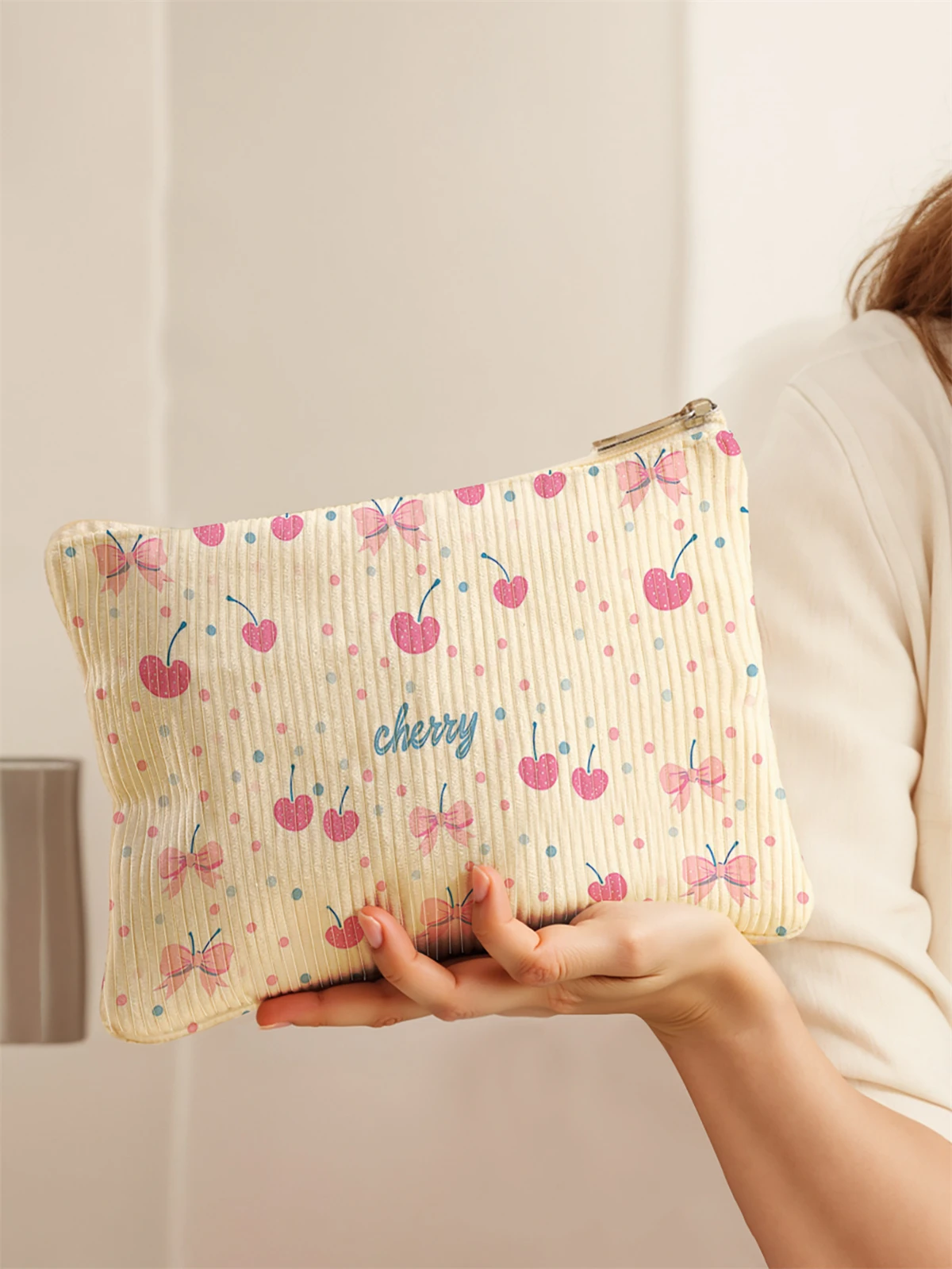 Women's Corduroy Travel Cosmetic Bag Portable Large Capacity Makeup Storage Organizer Zipper Clutch Purse Make up Bag