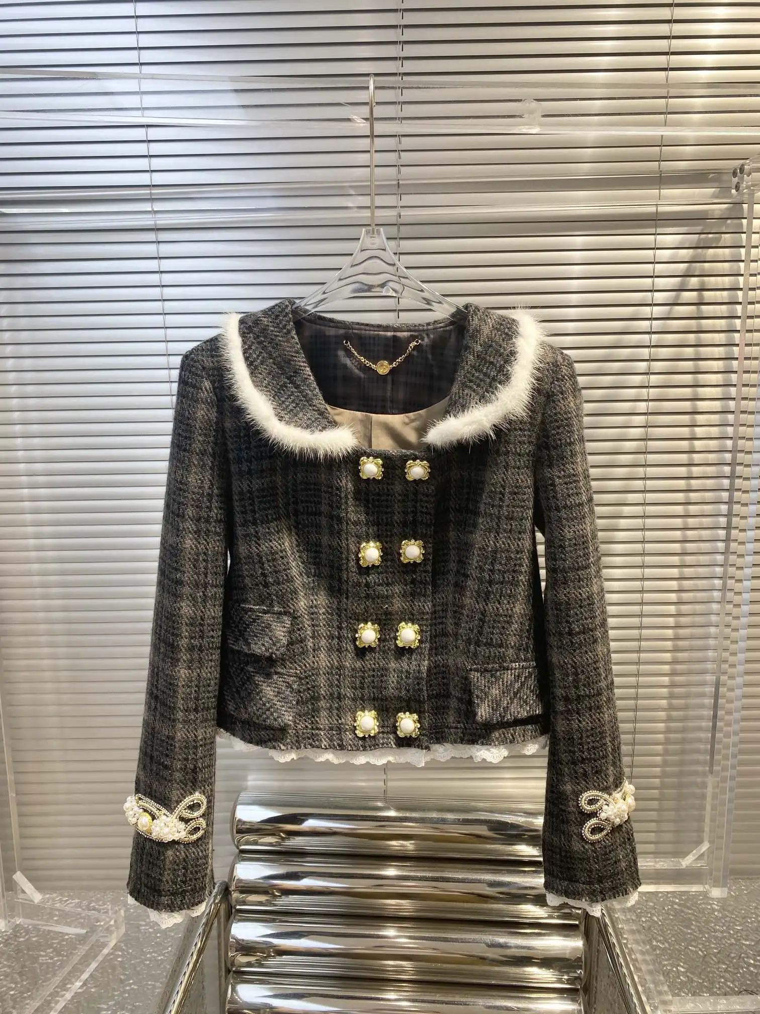 Gray Plaid Jacket Half Skirt Set Fashion Exquisite Sweet Personality Comfortable 2024 Autumn and Winter New 1026