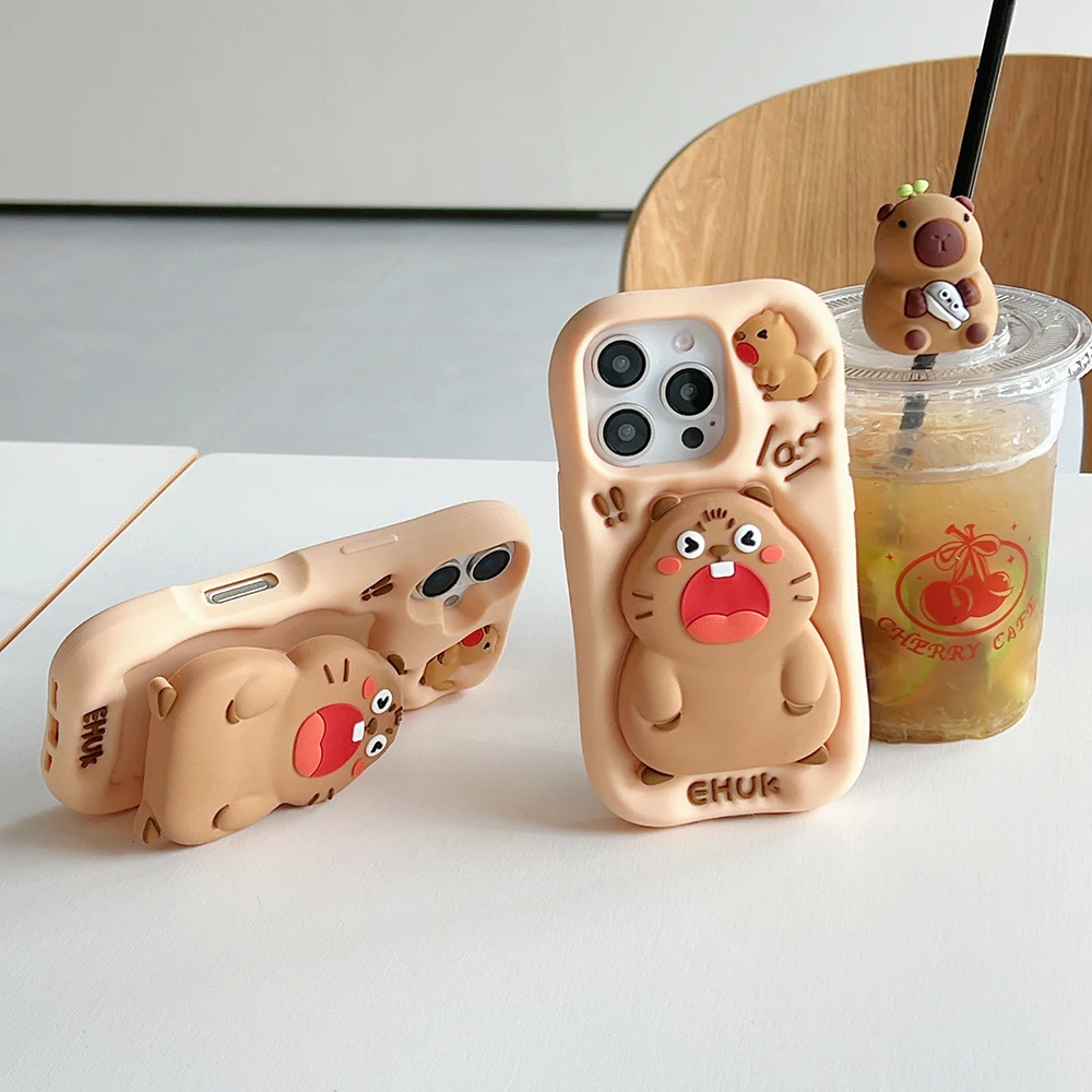 Lustige 3D-Tiere Capybara Teleskophalterung Hülle für iPhone 16 Plus 15 14 13 11 12 Pro Max Weiche Silikon-Ständerhalter-Abdeckung