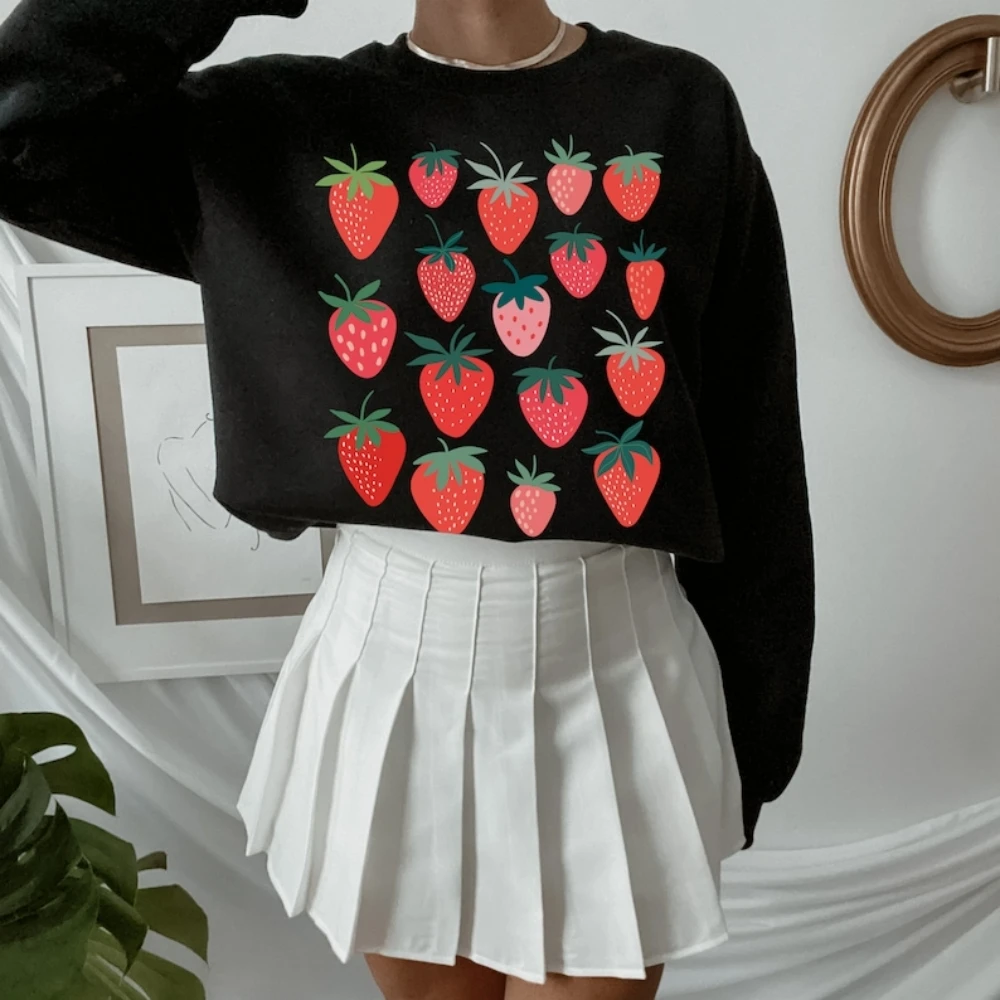 New Crewneck Kawaii Sweatshirt Aesthetic Cottage Core Clothes Botanical Cute Funny Trendy Pullover Shirt Women Strawberry Tops