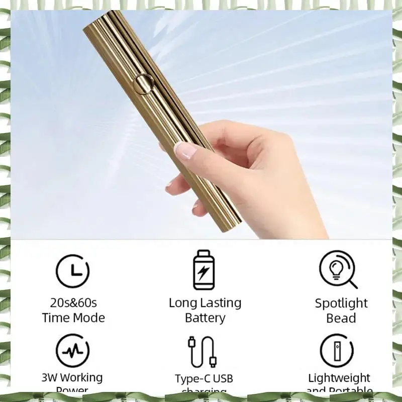 Mini UV LED Nail Dryers 3W Portable Quick Nail Drying Lamp USB Rechargeable Mini Flashlight Pen, Easy Install Gold