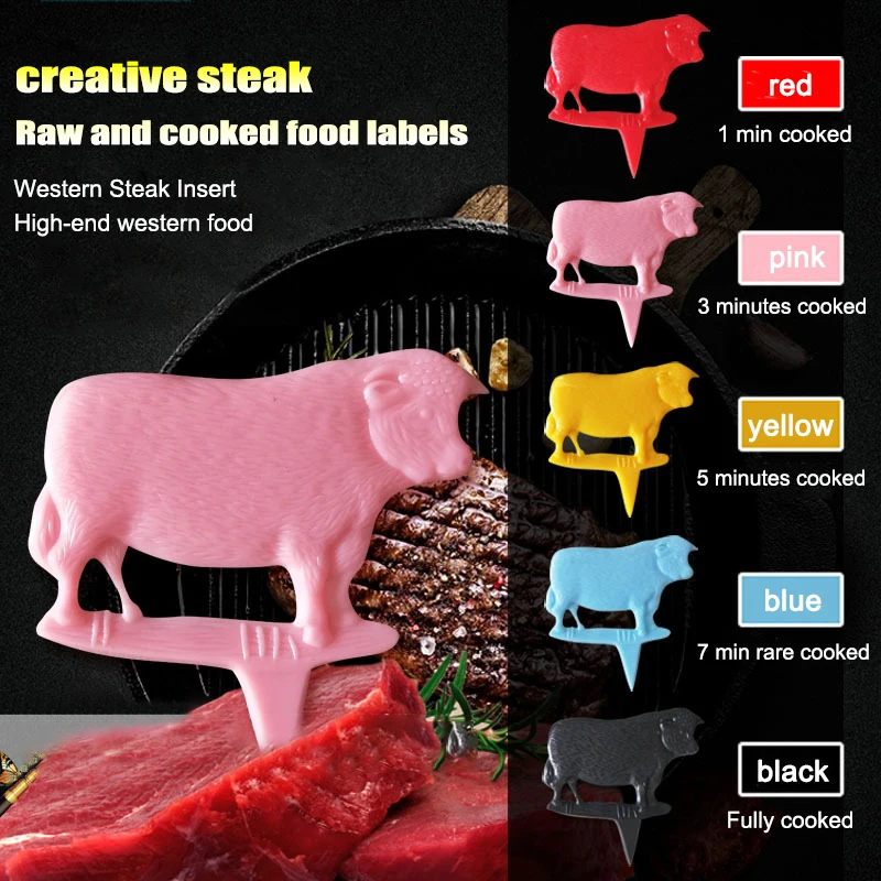 

5 Pcs/Bag Cattle Shape Steak Markers For Distinguish Between And Cooked Steaks Different Colors Represent Different Cooked
