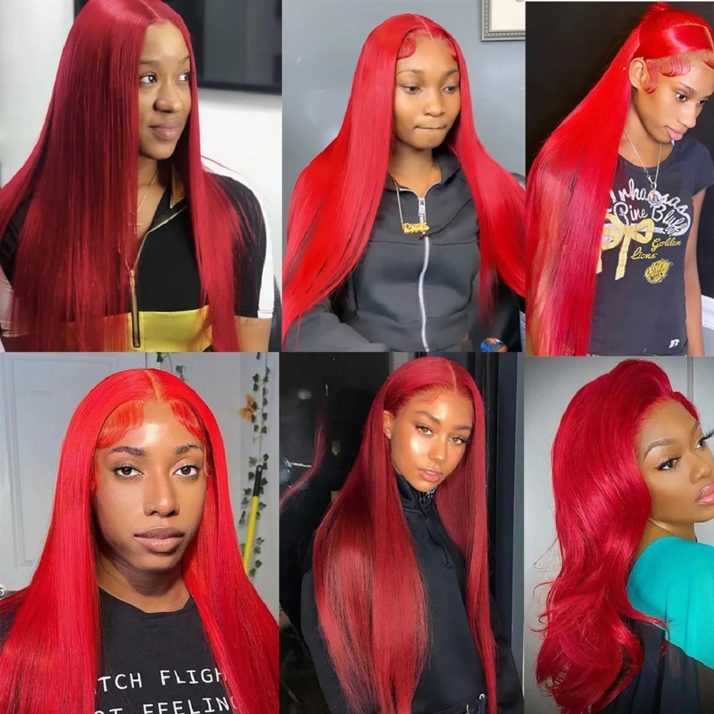 Red Straight 13x4 Brazilian Hair Lace Front Wig 250 Density Human Hair Wigs Red Pre Plucked Human Wigs 13x6 HD Lace Front