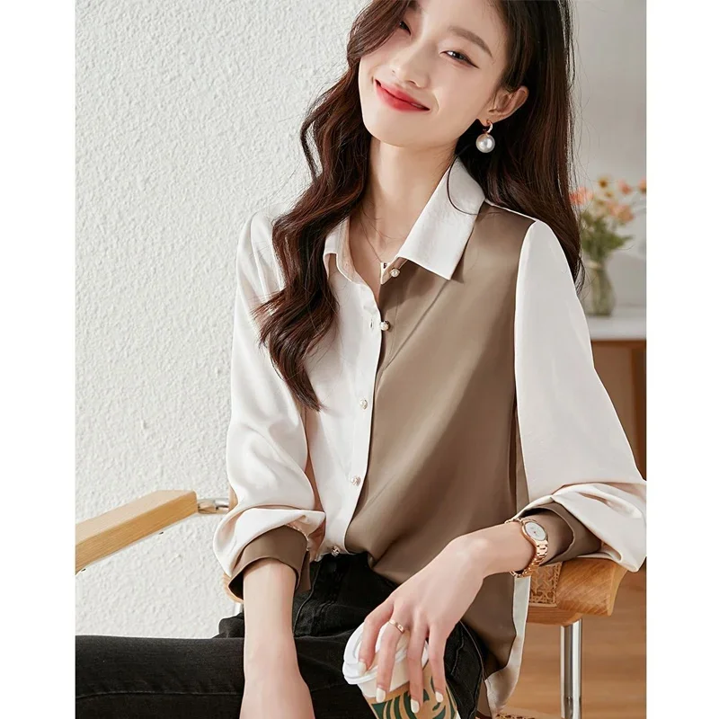 

Temperament Chiffon Patchwork Blouse Spring New Long Sleeve Polo Neck Loose Contrast Shirt Tops Casual Fashion Women Clothing