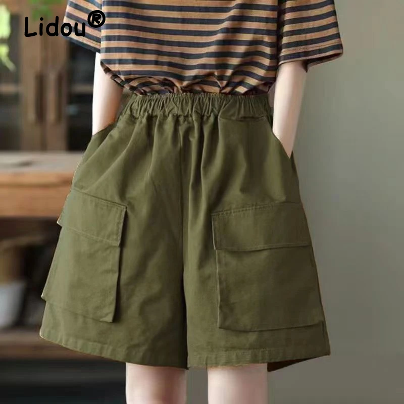 

Women Simple Casual Pockets Cotton Wide Leg Short Pants Summer Trendy Streetwear High Waist Loose Shorts Pantalones Cortos Ropa