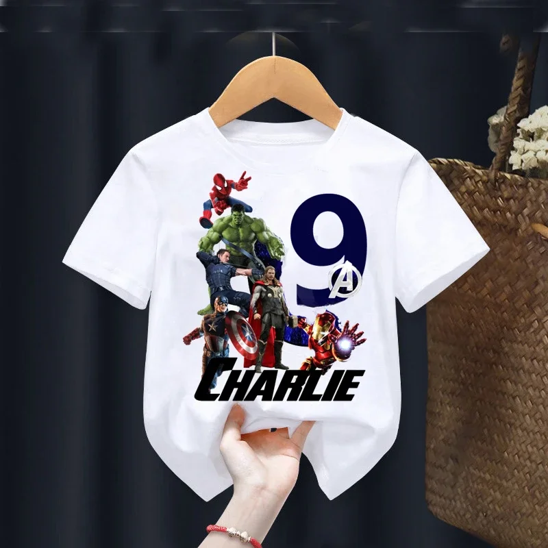 thumbnail image 1 of Camisetas de cumpleaños para niños de 2, 3, 4, 5, 6, 7, 8 y 9 años, ropa para niños con nombre personalizado de Marvel Avengers, camiseta para fiesta de cumpleaños de superhéroes para bebés, 1 of 5