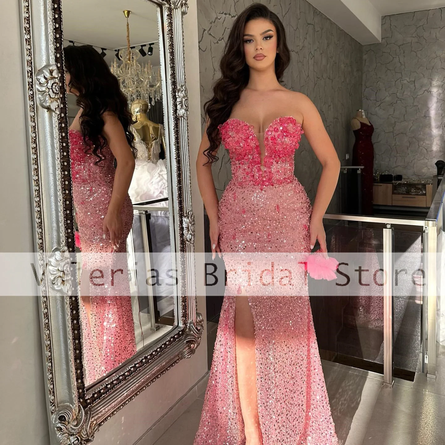 

Sparkly Mermaid Prom Dress Middle East Arab Sequined Long Formal Evening Dresses Split Strapless Sexy Gowns Vestidos De Fiesta