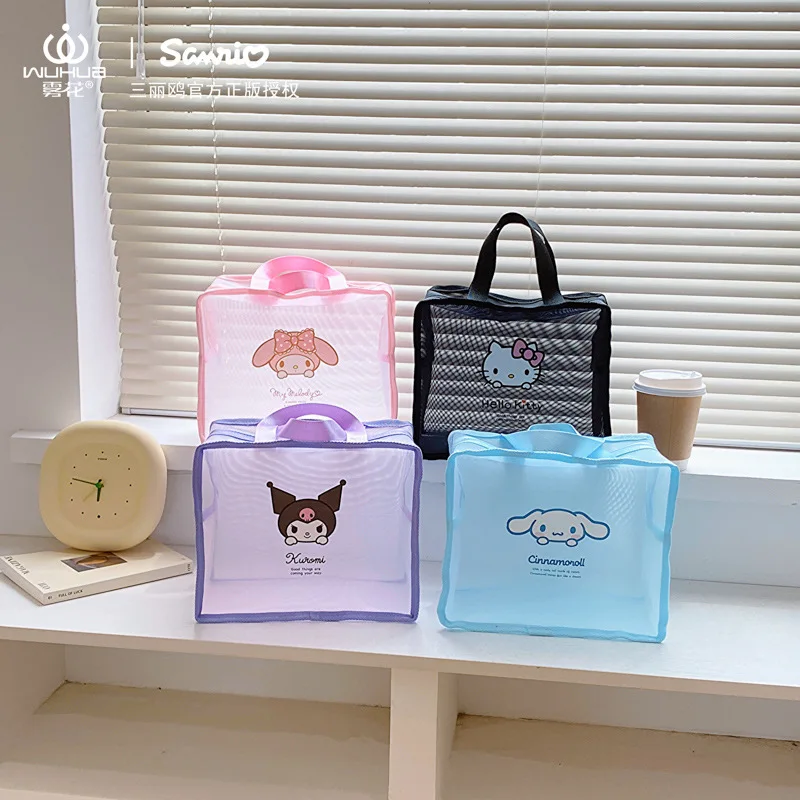 

Sanrios мультяшная Аниме Сумка для мытья Kuromi Cinnamoroll Kittys цветная сетчатая прозрачная косметическая сумка большой емкости женская сумка