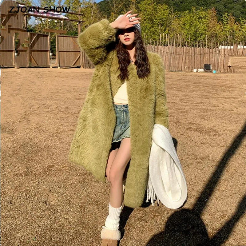 

Winter Green O neck Shaggy Soft Rabbit Faux Fur Coat Loose Long Sleeve Stay Warm Furry Jacket Women Below Knee Midi Outerwear