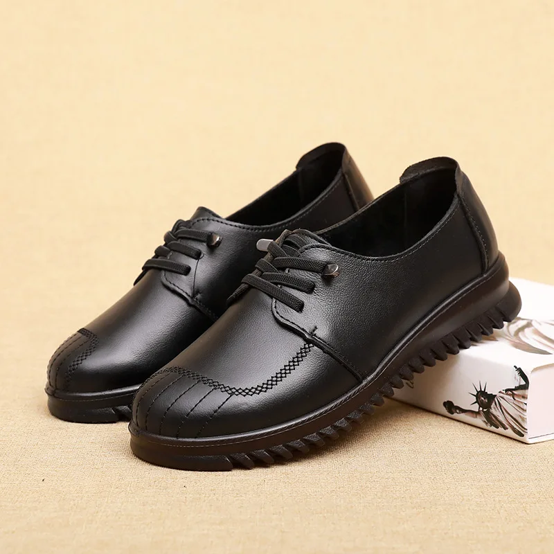 Spring Women's Black Flat Shoes Genuine Leather Loafers Slip On Casual Flats Ballet Shoes Mother Breathable Walking shoes