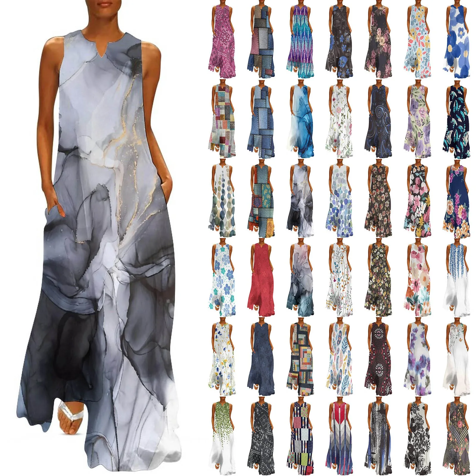 

Vintage Women'S Floral Printed Party Dress Summer Casual Sleeveless V-Neck Long Dresses Female Beach Maxi Dress Evening Vestidos