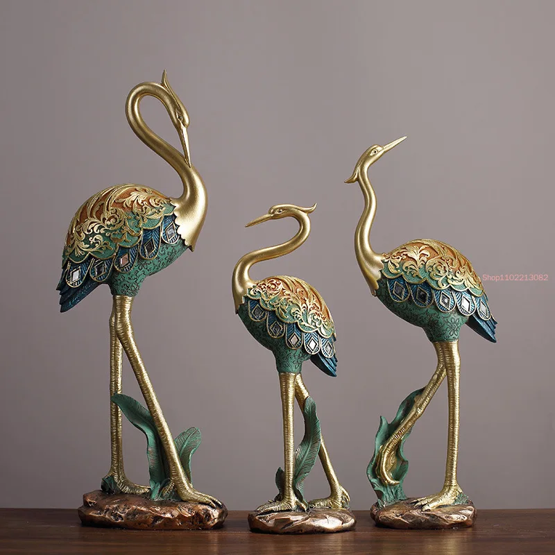 

Resin Animal Sculpture Painted Crane Bird Simulation Animal Statue Crafts Ornaments Golden Relief Handmade Home Decoration