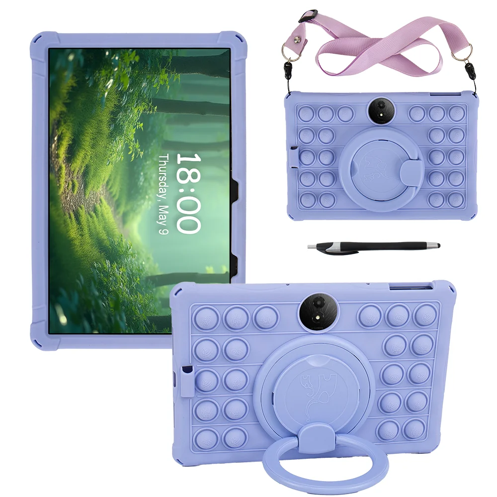 Universal 360° Rotating Tablet Stand Case with Handle Grip, Shoulder Strap, and Soft Silicone Cover