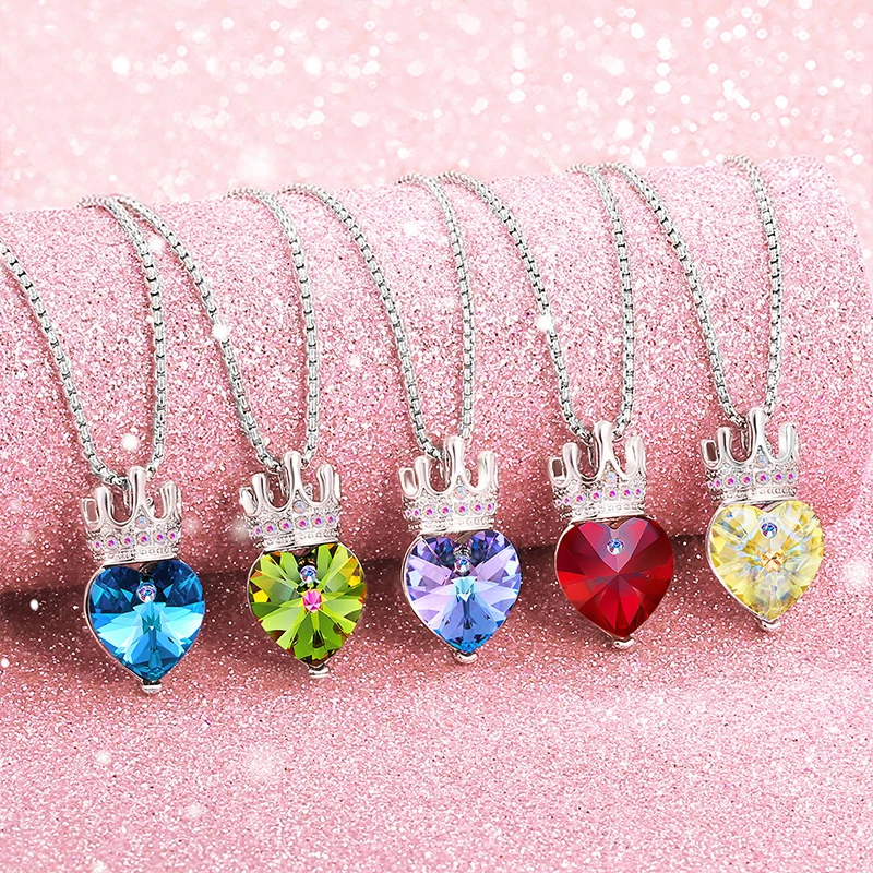 

New Cute Crown Silver Color Pendant Necklace Heart Genuine Crystals from Austria Kids Jewelry for Girls Women Birthday Christmas