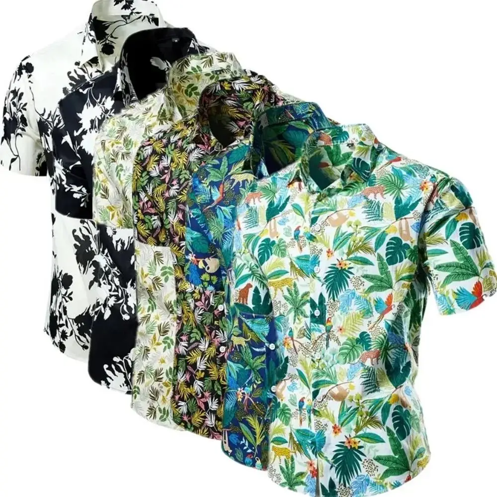 Hawaiian Shirt Men Fashion Flower Geometric Printed Blouse Single-breasted Beach Short SleeveTops Men's Holiday Clothing