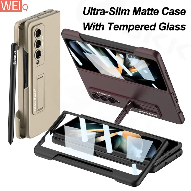 

Ultra-thin Screen Glass Hard Cover For Samsung Galaxy Z Fold 4 Case Side Pen Slot Holder Stand Matte Galaxy Z Fold4 Case ZFOLD4