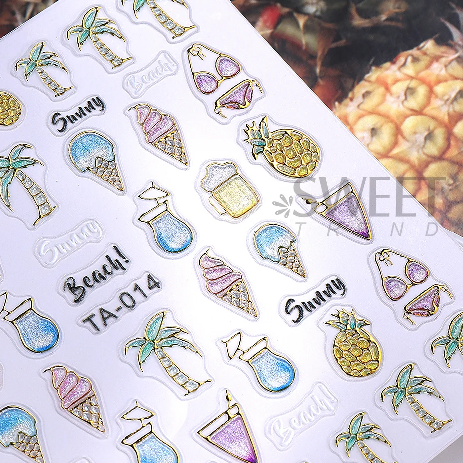 5D Bronzing Beach Coconuts Tree Summer Nail Art Stickers Gold Ice Cream Nail Decals Self Adhesive Nail Sliders Manicure Decor