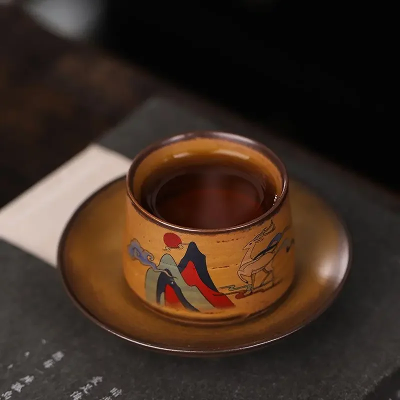 2-piece set Handmade retro sauce glazed tea cup, tea tasting cup, household cup, kung fu tea cup ceramic cup, owner's single cup