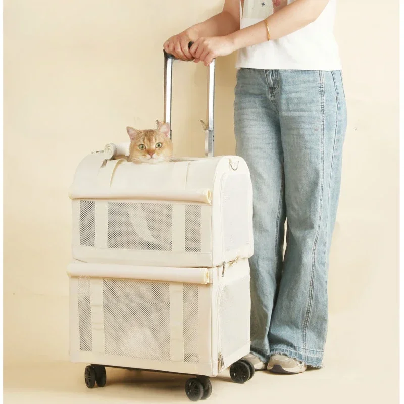 Pet Trolley Box 2-layers Design Cat Basket Breathable Comfortable Transport Case Travel Pet Trolley