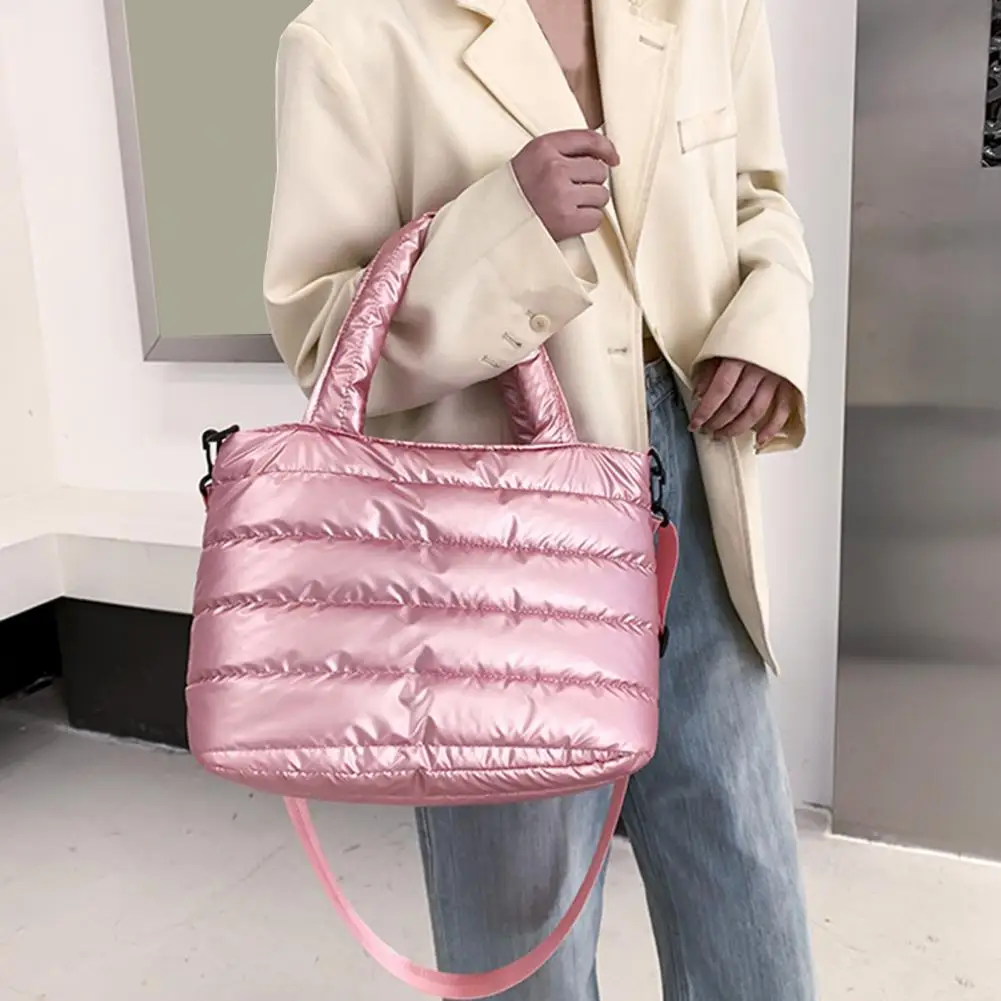 Women Shoulder Bag Large Capacity Winter Down Cotton Padded Handbag Adjustable Straps Handheld Lazy Pillow Shoulder Bag