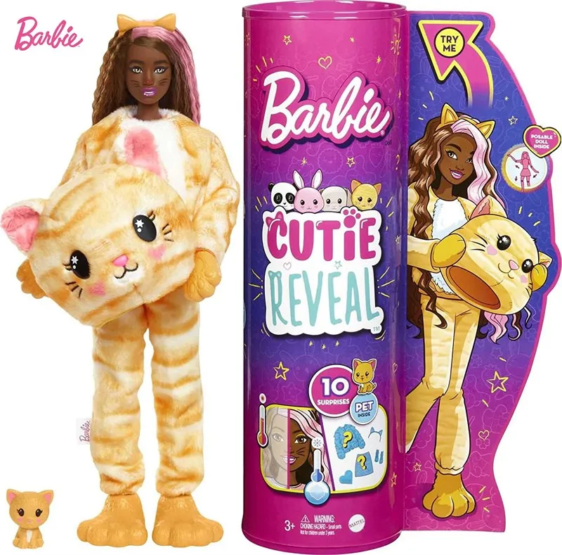 

11Inches Barbie Cutie Reveal Dolls Kitten with Animal Plush Costume 10 Surprises Including Mini Pet Color Change Gift Toys HHG20