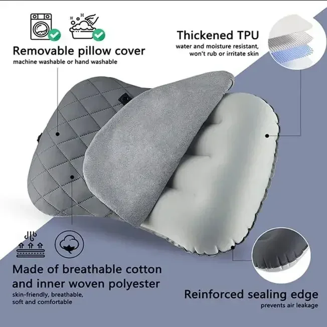 Ultralight Inflatable Camping Travel Pillow with Soft Washable Cover -  Ergonomic Inflating Pillows for Neck & Lumbar Support