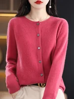 2024 New Chic Women's Basic O-neck Cardigan 100% Merino Wool Sweater Soft Grace Knitwear CoatSpring Autumn Female Clothes Tops