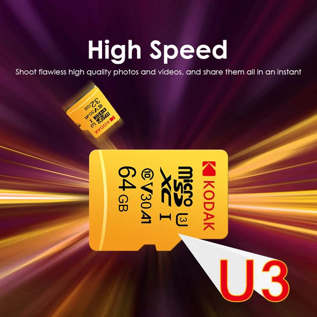 Carte Mémoire Micro SDXC KODAK 64 Go Classe 10, UHS-1 U3, Vitesse 100 Mo/s - Avec Adaptateur SD