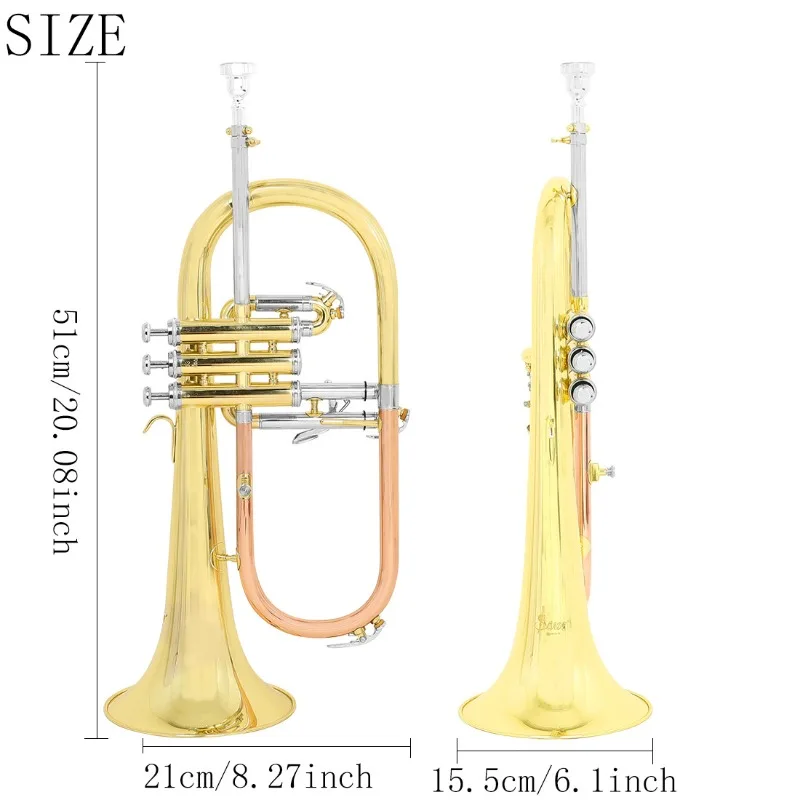Flugelhorn Brass Body Gold Lacquer Bb Flugelhorns Professional Brass Instrument Suitable for Practice Performers