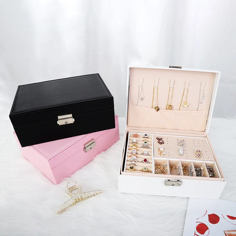 1pcs Double Layer Storage Box For Men And Women Large Capacity Leather Jewelry Box Hardware Latch Travel Portable Flip Lid Palm