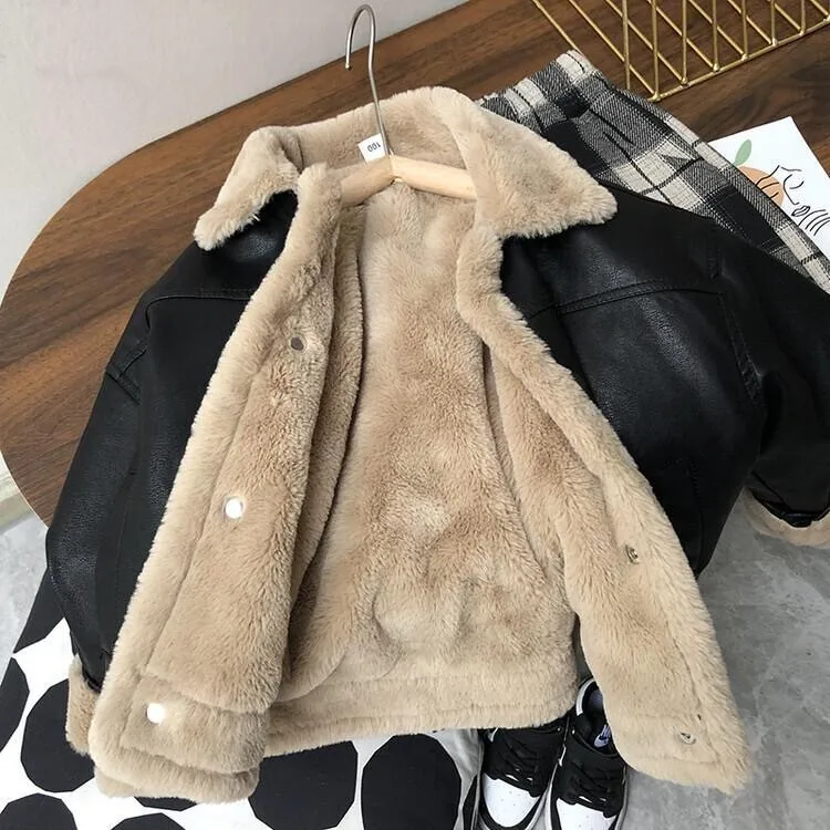 Boys Girls Leather Jackets Children winter Motorcycle Faux Leather Fleece Lined Zipper Coats