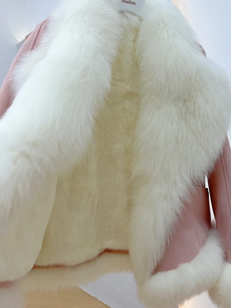 Rex Rabbit Collar Fox Fur Coat Lining Large 2023 Winter New Suede Splicing Single Button Thick Warm Slim Jackets Women‘s Clothes