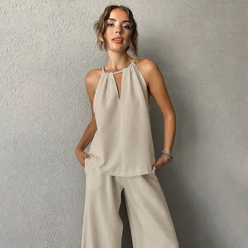 2026 Spring and Summer Casual Khaki Cotton and Linen Suit Women's Vacation Style Loose Neck Vest Trousers Two-piece Set - Image 2