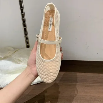 Cutout Mary Sandals Women's Round Toe Shallow Mouth Fishing Net New Summer Breathable Slip Strap Soft Sole Non-Slip Flats 1