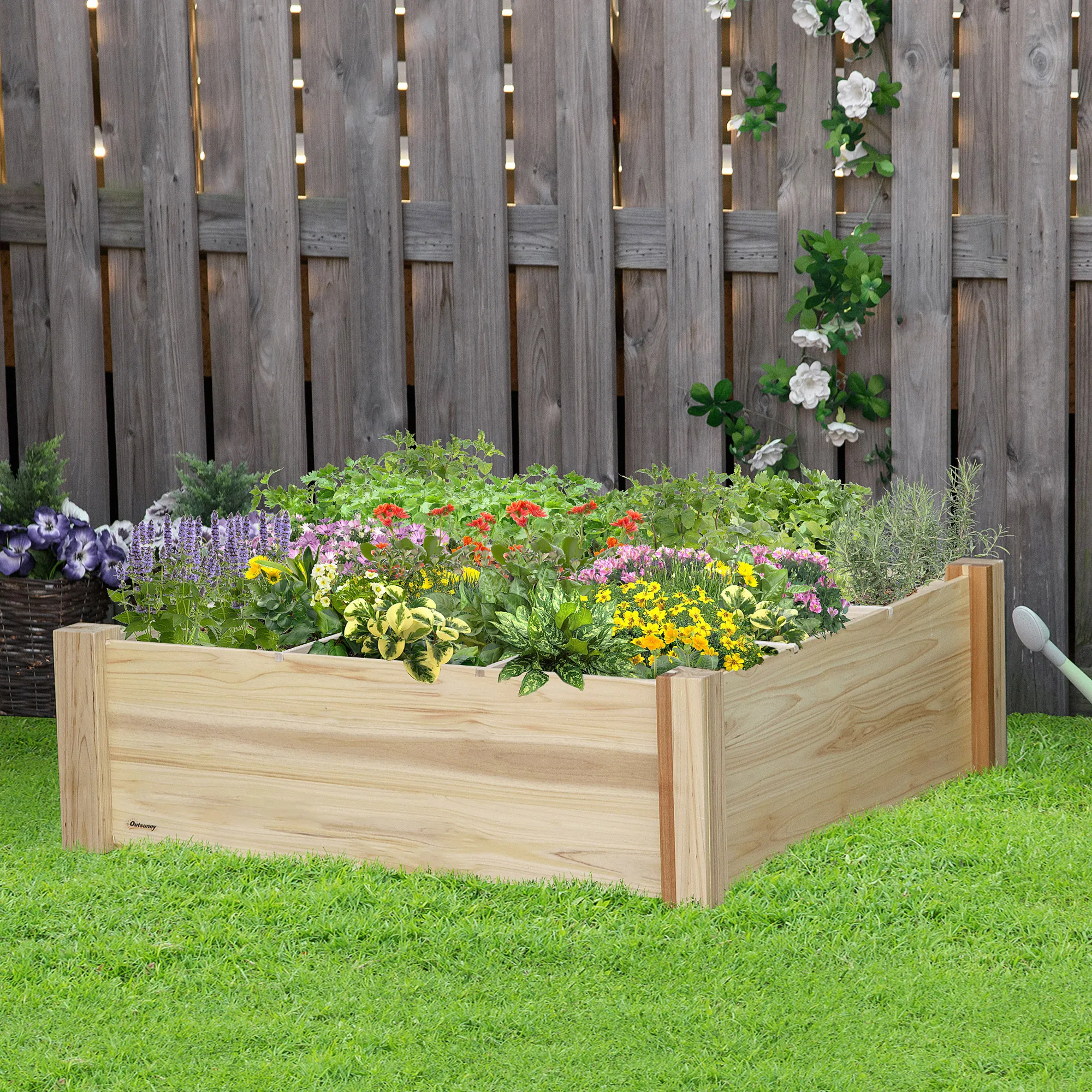 Outsunny Jardinera Macetero de Madera Cuadrada con 9 Compartimentos  Extraíbles Arriate de Jardín para Cultivos Plantas Flores 90x90x28 cm  Natural - AliExpress, image size:2000x2000