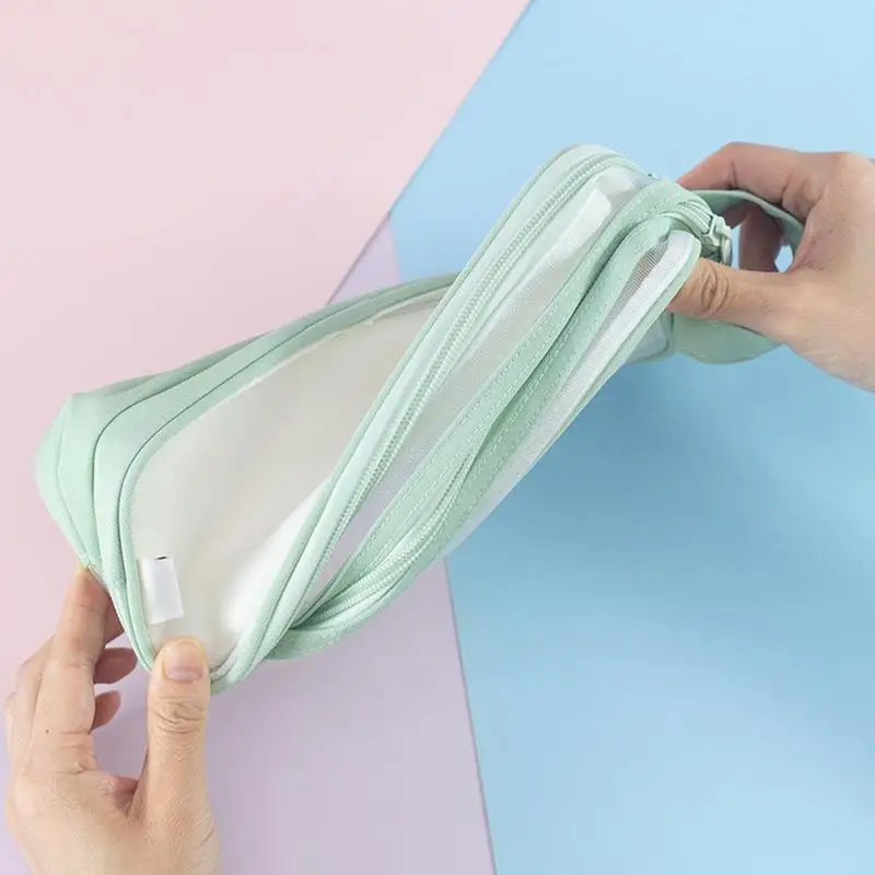 투명 메쉬 펜슬 파우치, 2 칸 펜 가방, 다목적 십대 투명 문구 가방, 휴대용 다기능 펜슬 파우치