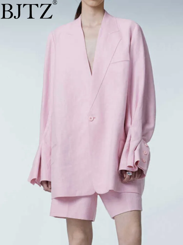 

BJTZ Office Lady Linen Blazers For Women Single Button V Neck Bell Sleeves Loose Coats Fashion 2024 Summer New